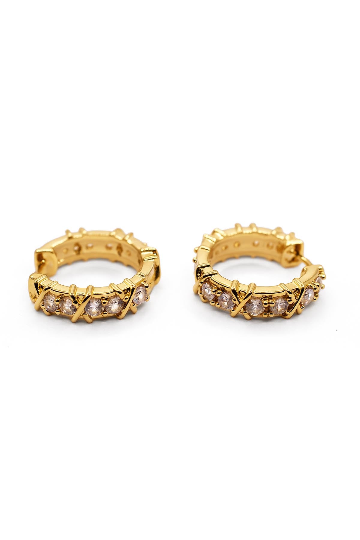 Gold hoop earrings with embedded stones on a white background