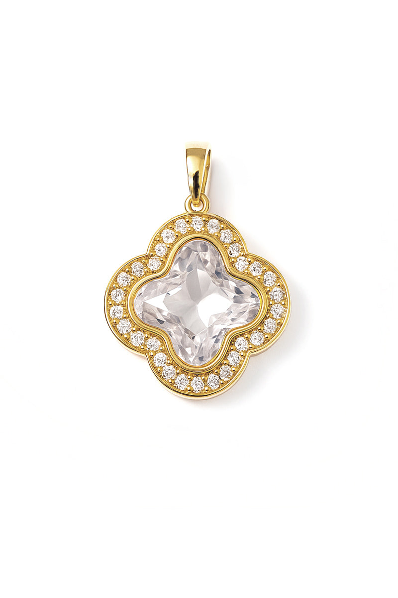 Golden Clover Halo Pendant on thin Gold Chain – Elegant Crystal Drop with Pavé Detailing