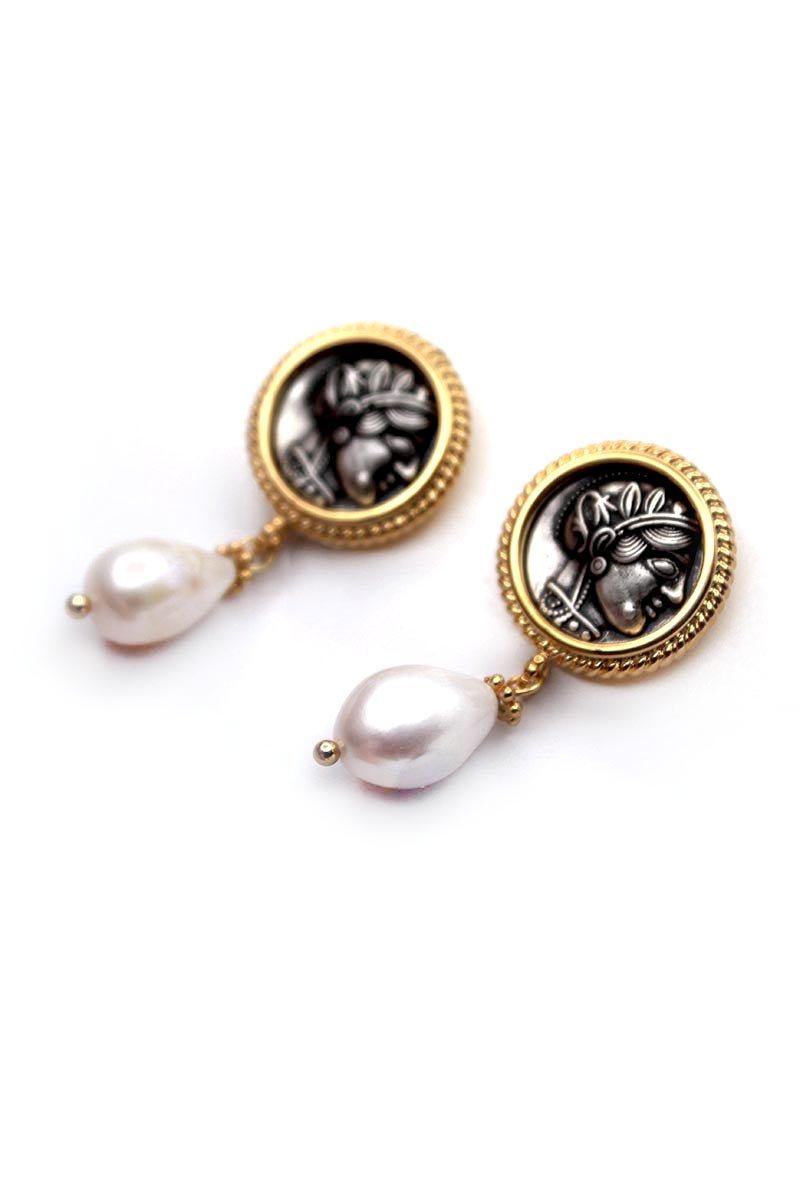 Athena Coin with Natural Pearl Drops - Gold Earrings - St geran