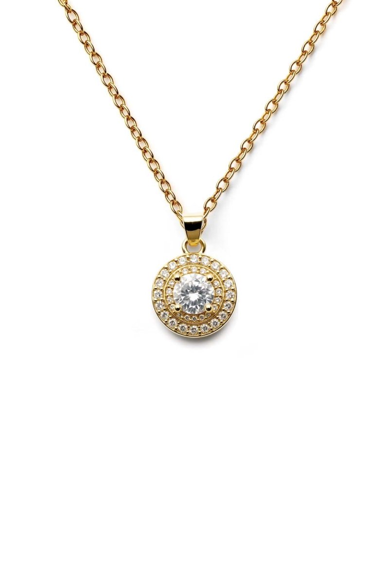 Gold Round Halo Pendant with Brilliant Center Stone – Double Row CZ Crystal Necklace - St geran