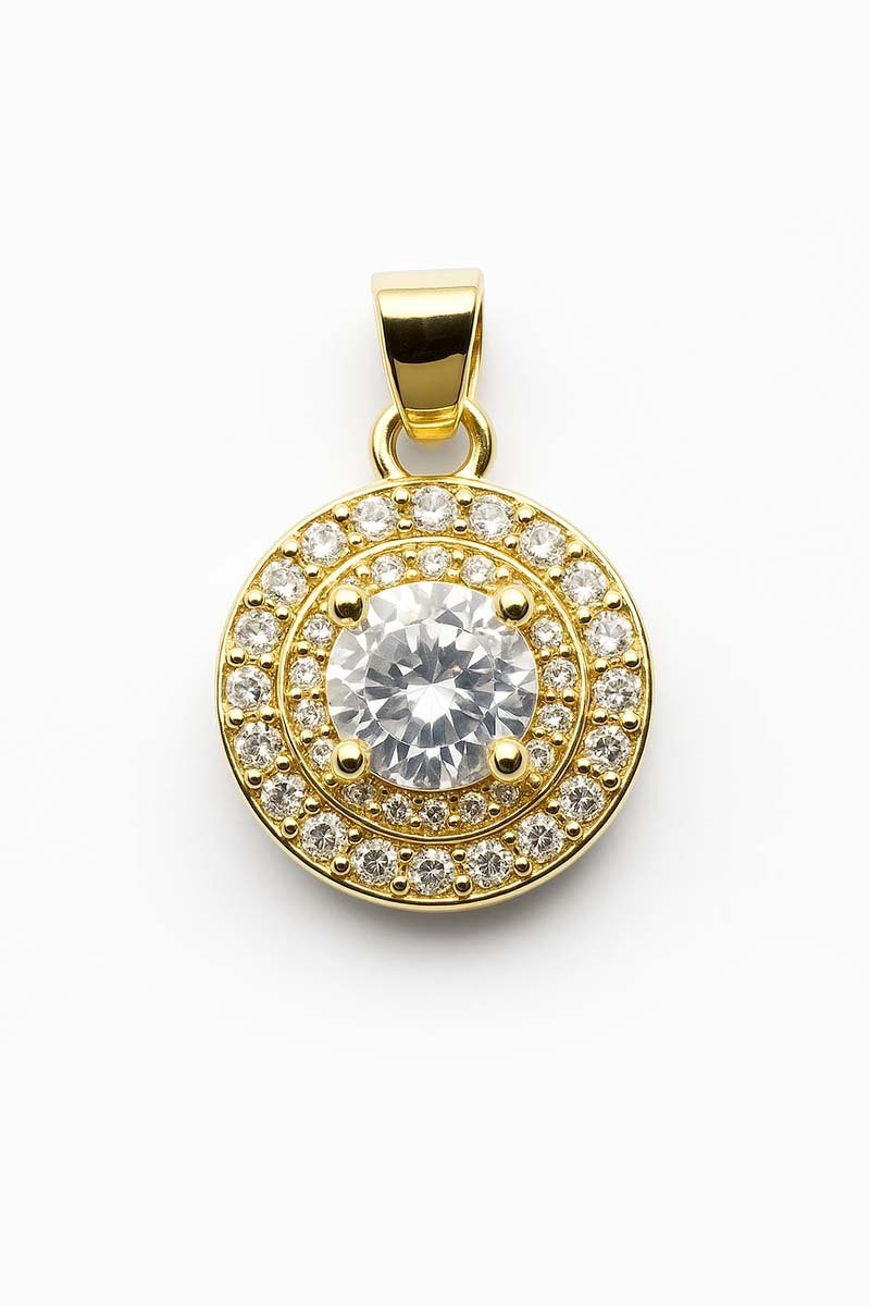 Gold Round Halo Pendant with Brilliant Center Stone – Double Row CZ Crystal Necklace Charm - St geran