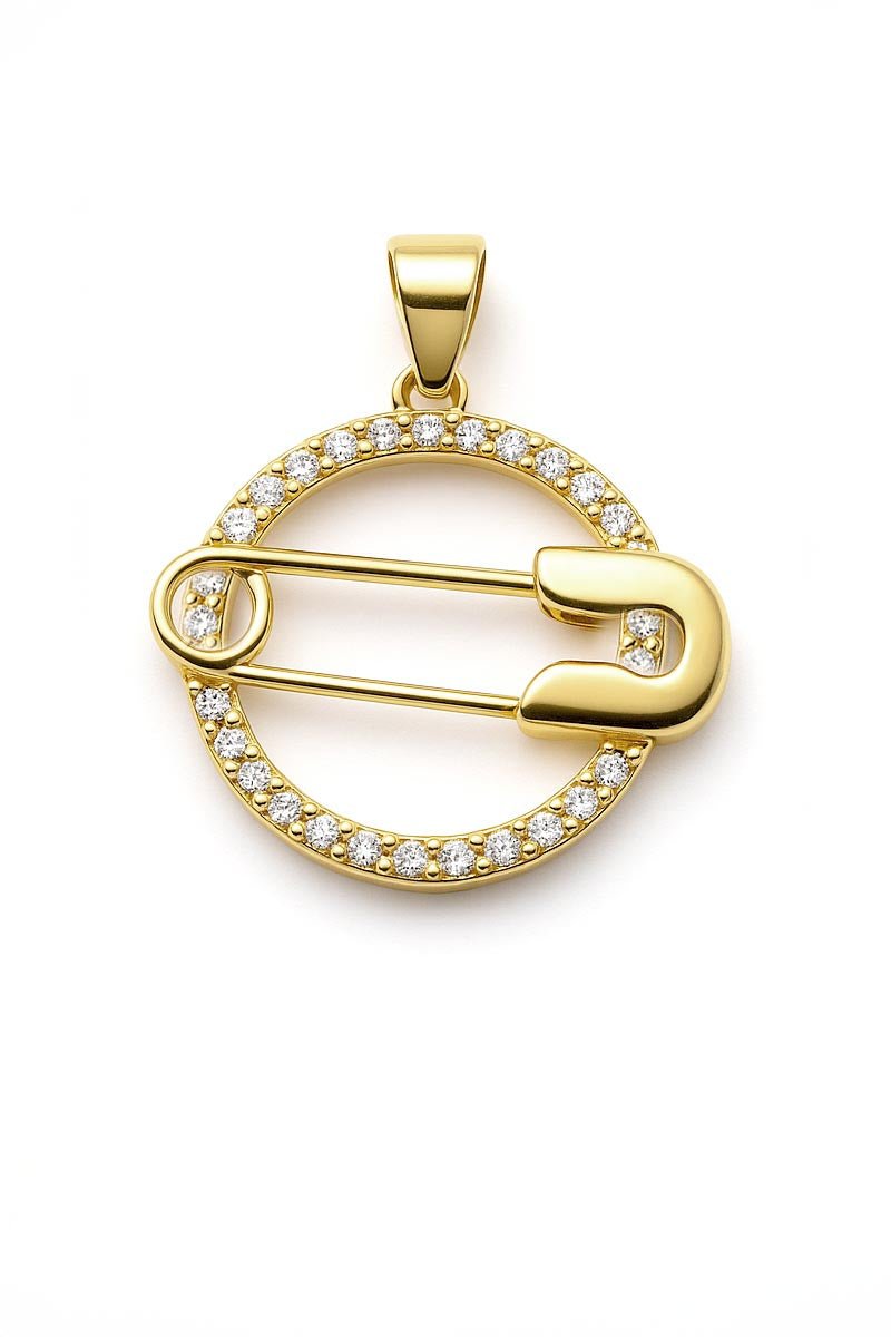 Gold Safety Pin Pendant with Diamond Circle – Modern Luxury Jewellery - 18k Gold Plated - St geran