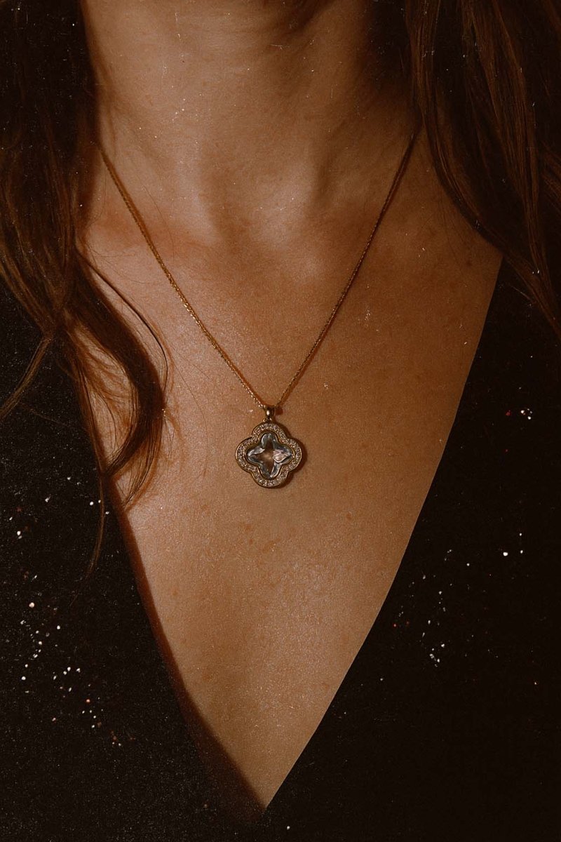 Golden Clover Halo Pendant – Elegant Crystal Drop with Pavé Detailing - St geran