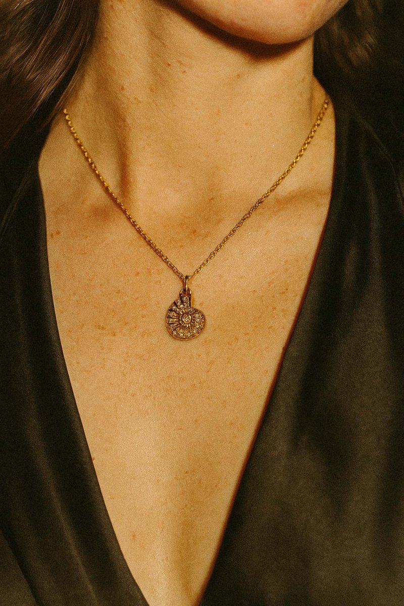 Nautilus Shell Pendant Necklace – Gold with Cubic Zirconia - St geran