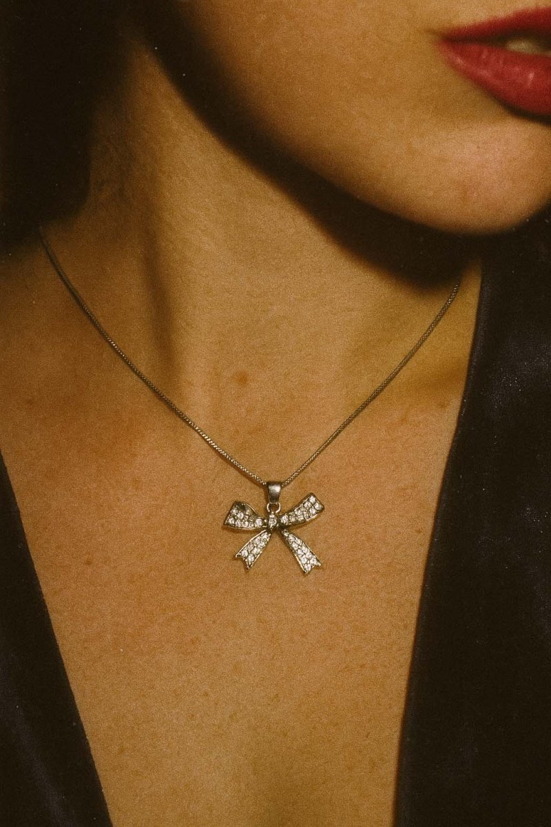 Silver Bow Pendant with Pavé Crystals – Elegant Ribbon Necklace Charm - St geran