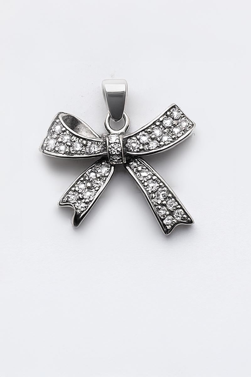 Silver Bow Pendant with Pavé Crystals – Elegant Ribbon Necklace Charm - St geran