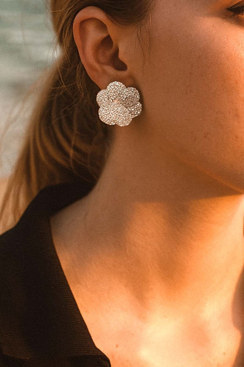 Silver Floral Cluster Earrings – Camellia Luxe Studs - St geran