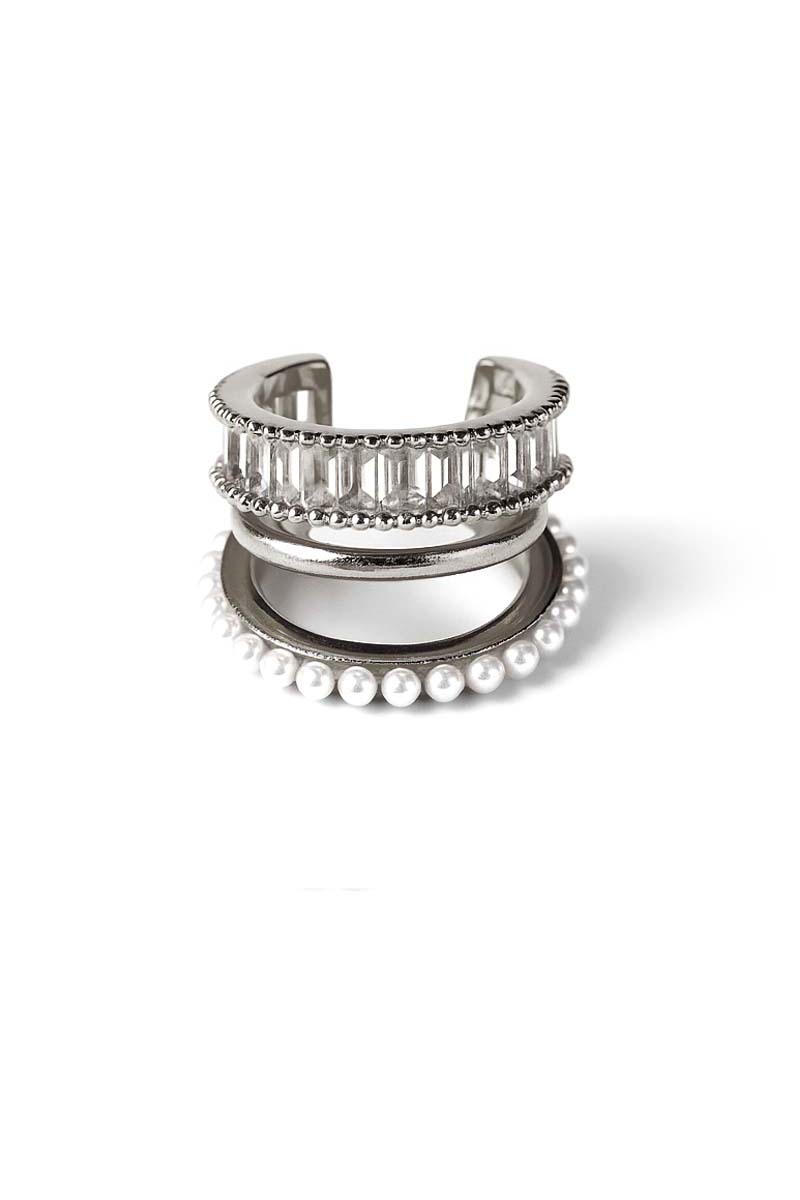 Silver ring with pearls on a white background Pearl Baguette