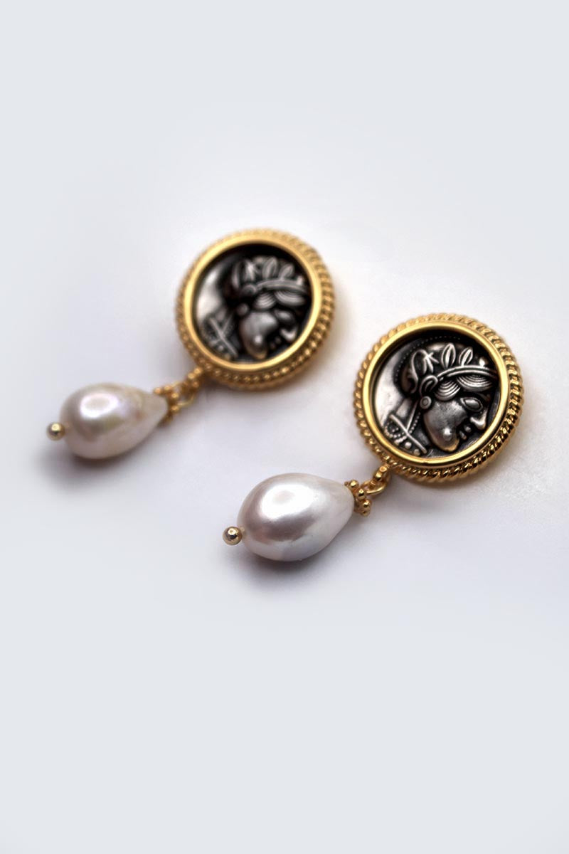 Athena Coin with Natural Pearl Drops - Gold Earrings