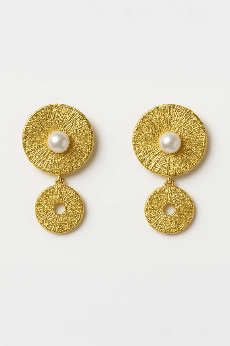 Solar Radial Flare Pearl Drops - Gold Earrings