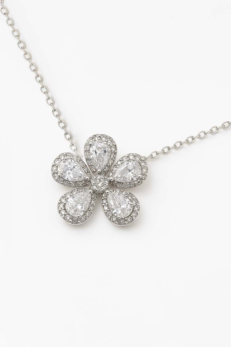 Silver Floral Crystal Pendant – Fleur de Lune Necklace