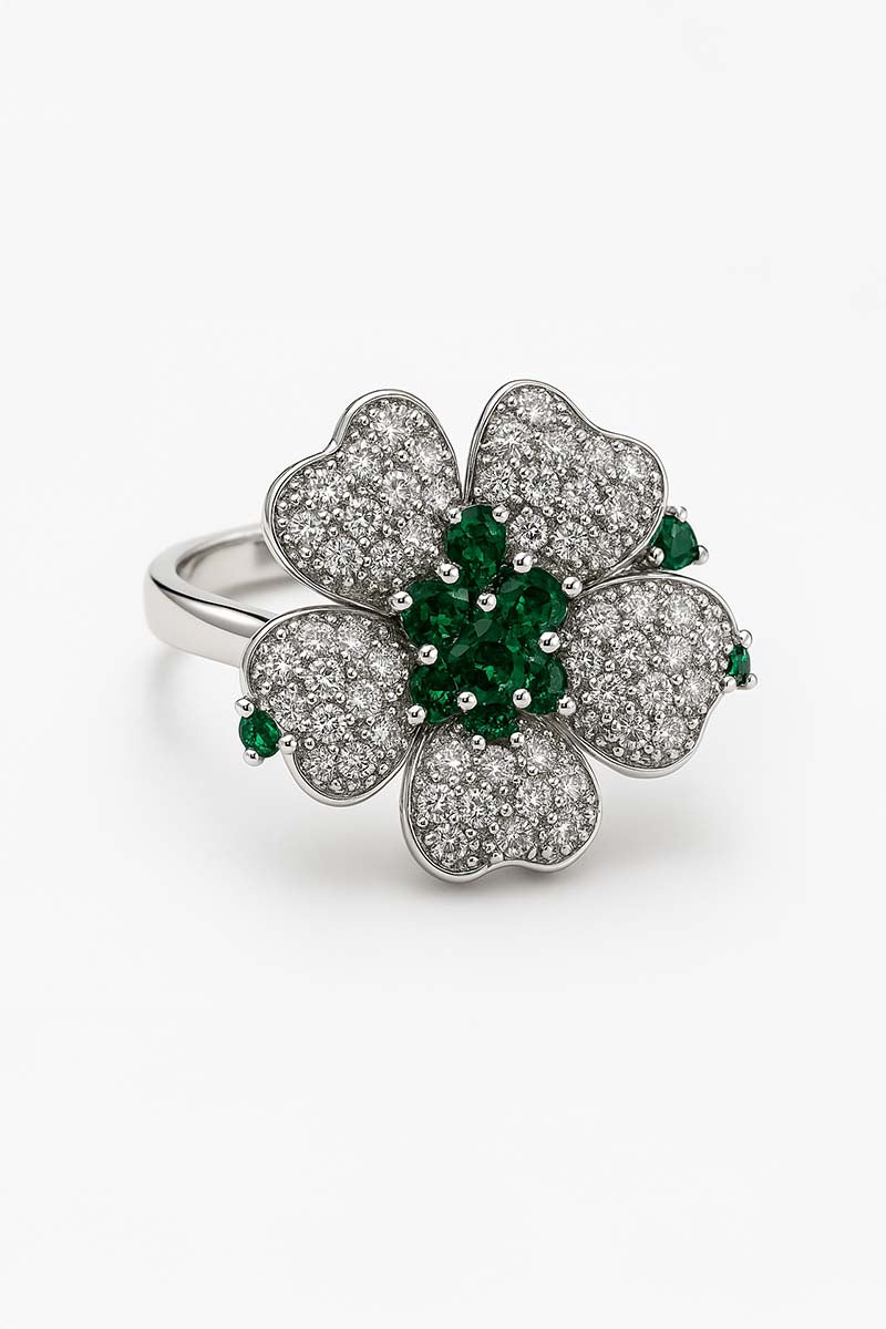 Verdure Éclat Emerald Bloom in Diamond Frost - Silver Plated Ring