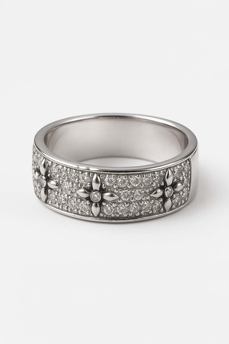 Wide Silver Floral Pavé Ring – Fleur Lunaire Ring