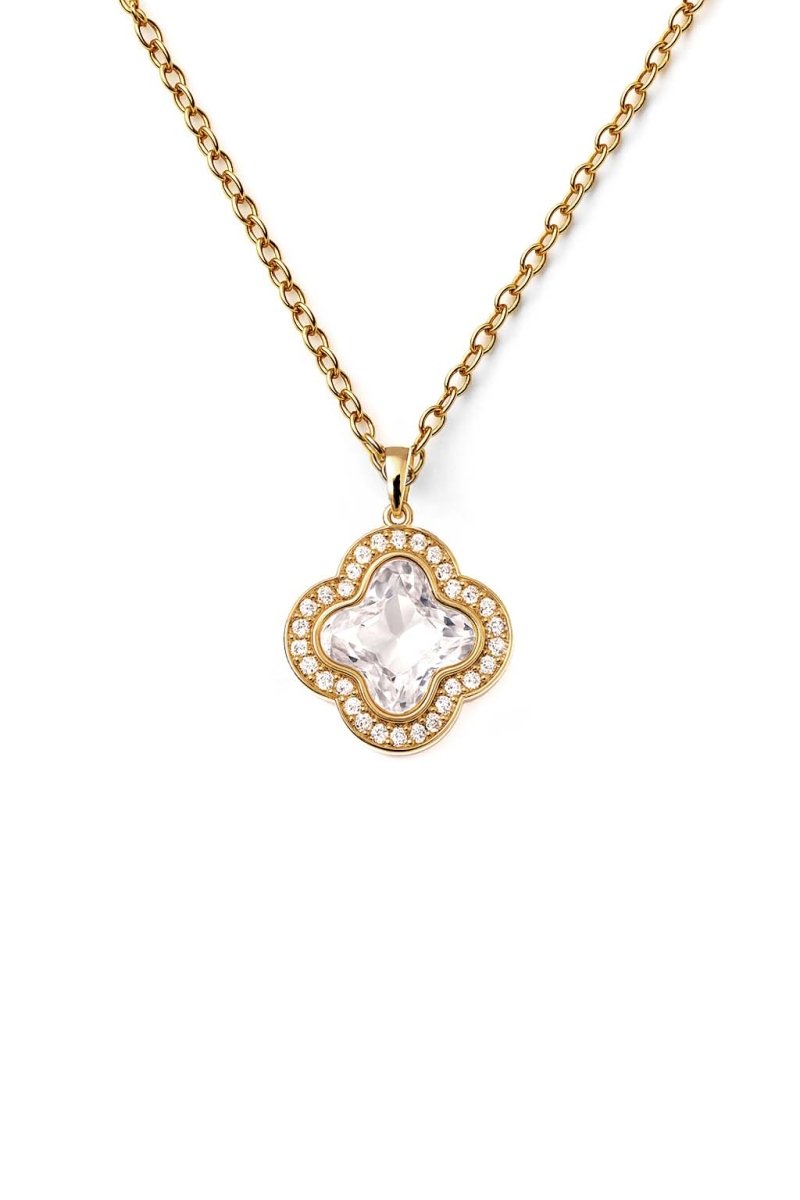 Golden Clover Halo Pendant on thin Gold Chain – Elegant Crystal Drop with Pavé Detailing - St geran