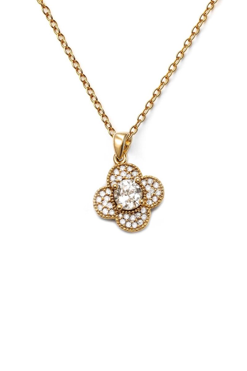 Golden Shamrock Necklace – Elegant Crystal Drop with Pavé Detailing - St geran