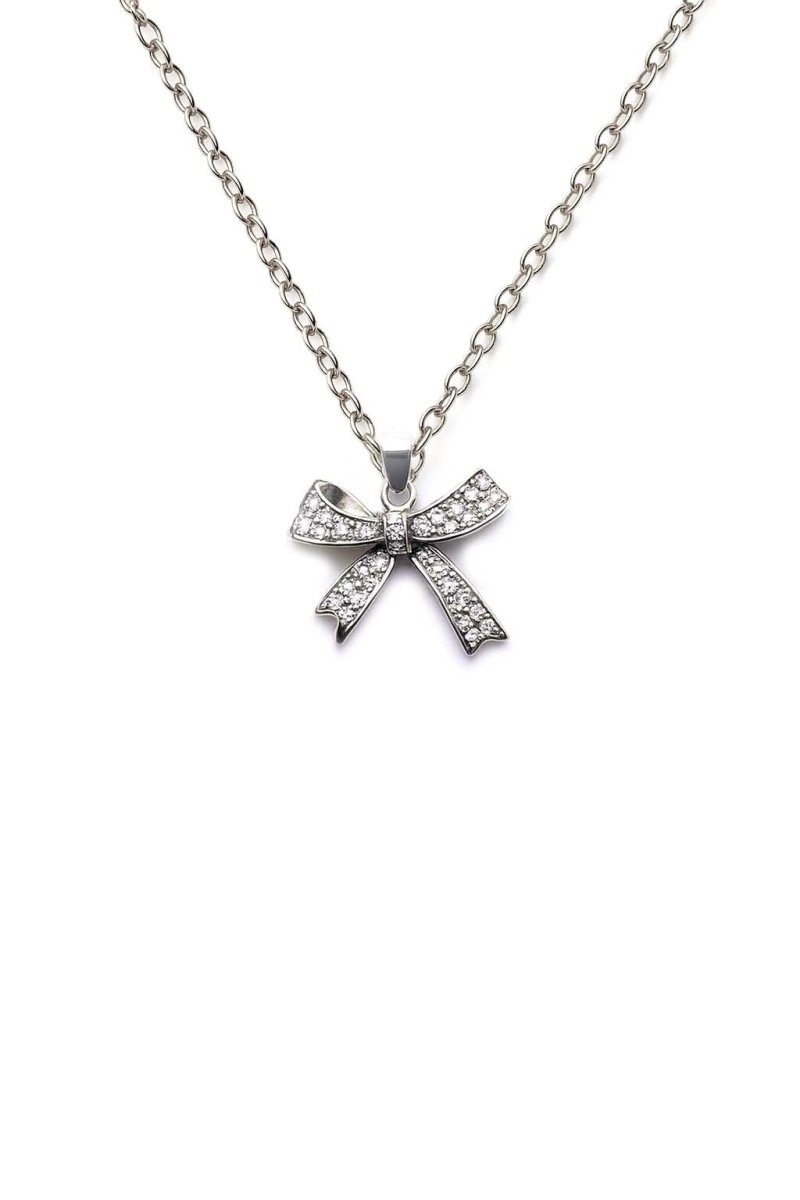 Silver Bow Pendant Necklace with Pavé Crystals – Elegant Ribbon Charm - St geran