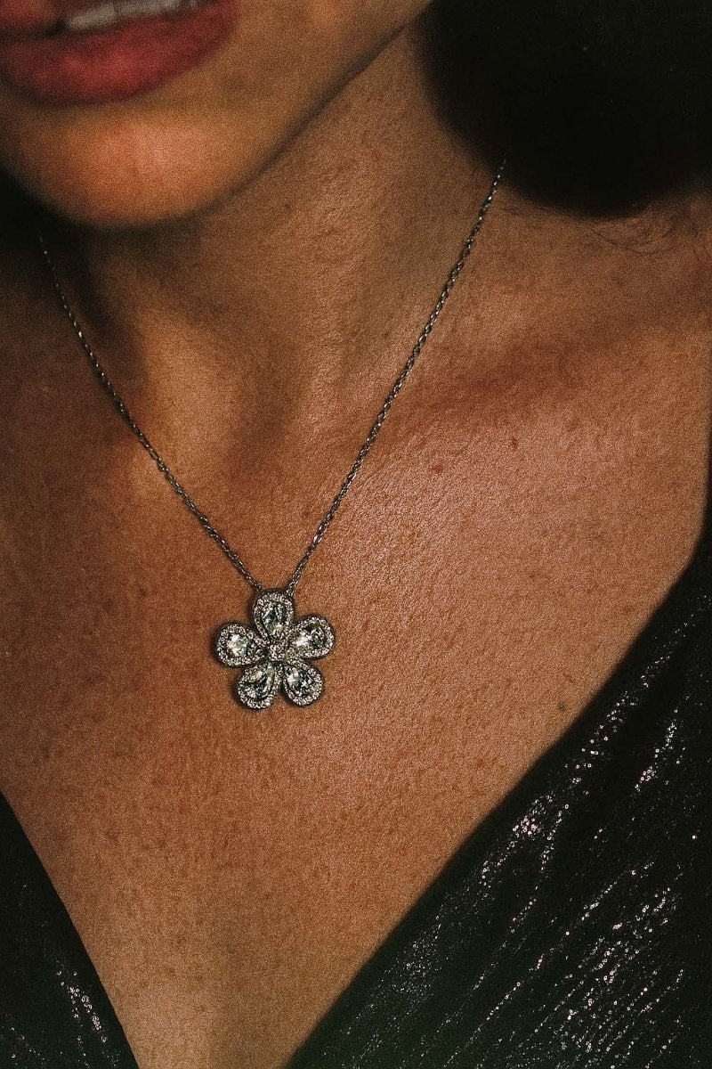 Silver Floral Crystal Pendant – Fleur de Lune Necklace - St geran